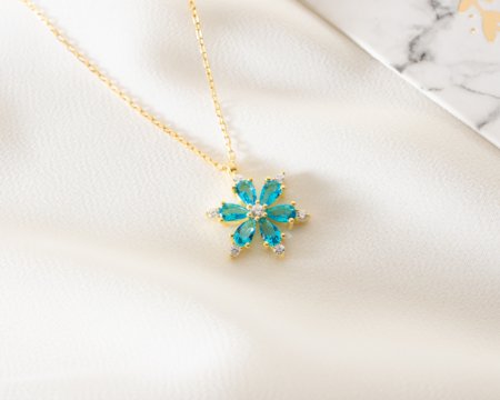 925 Ayar Aquamarin Lotus Gümüş Kolye