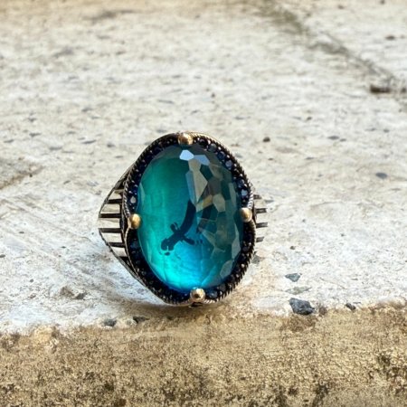 zülfikar motifli mavi zirkon taşlı gümüş yüzük