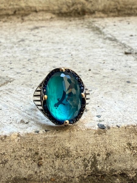 zülfikar motifli mavi zirkon taşlı gümüş yüzük