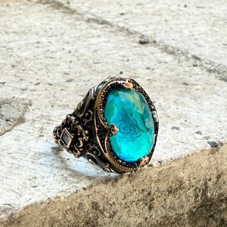 Mavi zirkon taşlı Osmanlı tuğralı 925 ayar gümüş erkek yüzük