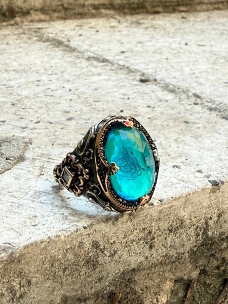 Mavi zirkon taşlı Osmanlı tuğralı 925 ayar gümüş erkek yüzük