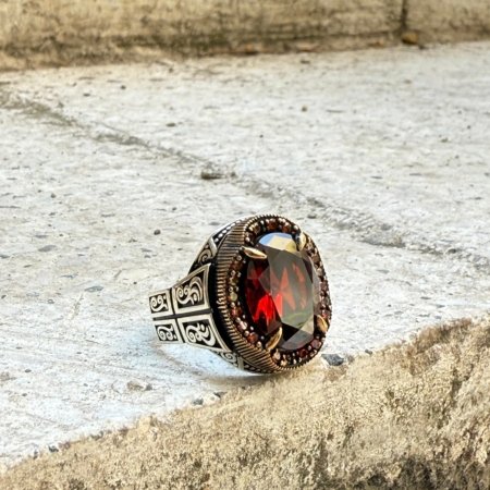 Lal doğal taşlı rüzgar motifli oksitli 925 ayar el yapımı gümüş erkek yüzük modeli