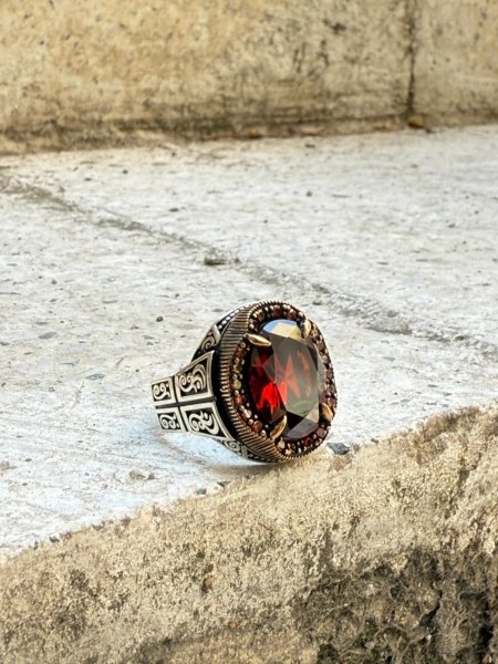 Lal doğal taşlı rüzgar motifli oksitli 925 ayar el yapımı gümüş erkek yüzük modeli