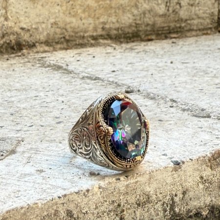 Mistik topaz doğal taşlı 925 ayar oksitli el yapımı erkek gümüş yüzük modeli