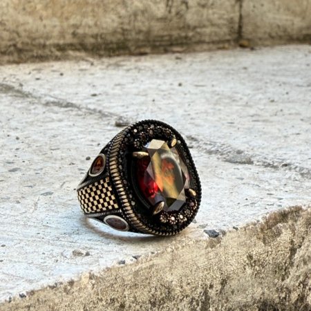Lal doğal taşlı 925 ayar oksitli el yapımı gümüş erkek yüzük modeli