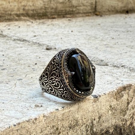 Oniks taşlı 925 ayar oksitli el yapımı erkek gümüş yüzük modeli