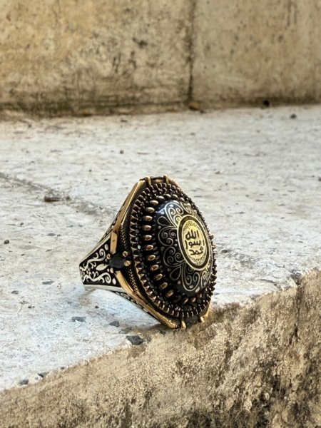 Mührü Şerif desenli 925 ayar el yapımı gümüş erkek yüzük modeli