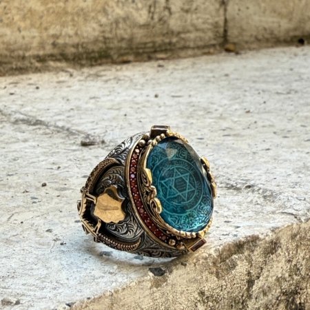 Turkuaz taşlı Süleyman Mührü motifli 925 ayar gümüş erkek yüzük