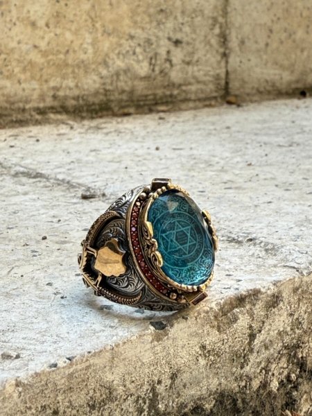 Turkuaz taşlı Süleyman Mührü motifli 925 ayar gümüş erkek yüzük