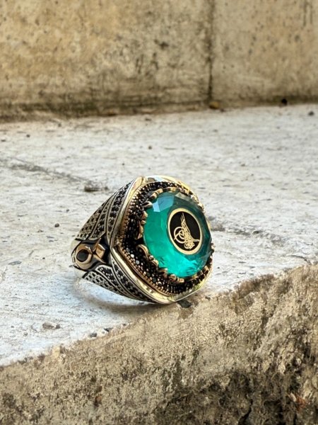 osmanlı tuğralı mavi zirkon yüzük