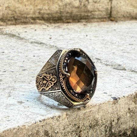 Fasetli Zultanit taşlı 925 ayar el yapımı gümüş erkek yüzük