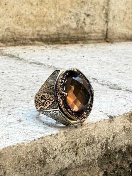 Fasetli Zultanit taşlı 925 ayar el yapımı gümüş erkek yüzük