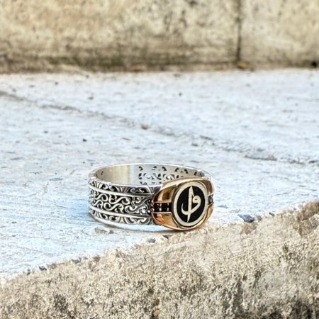 Mineli Elif Vav motifli 925 ayar el yapımı gümüş erkek yüzük modeli