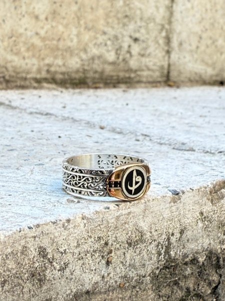 Mineli Elif Vav motifli 925 ayar el yapımı gümüş erkek yüzük modeli