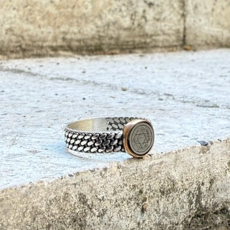 Süleyman Mührü ve gurmet zincir motifli 925 ayar el yapımı gümüş erkek yüzük