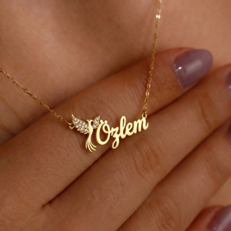 925 ayar gümüş anka kuşu taşlı kişiye özel isim kolye